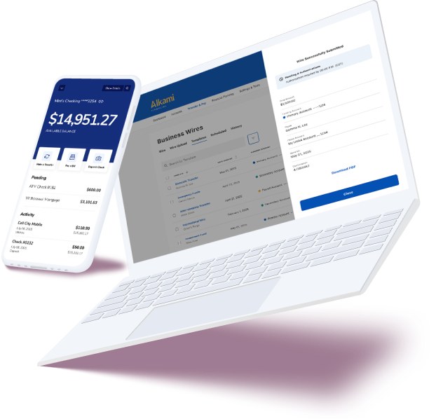 Alkami’s digital banking product shown on a phone and laptop
